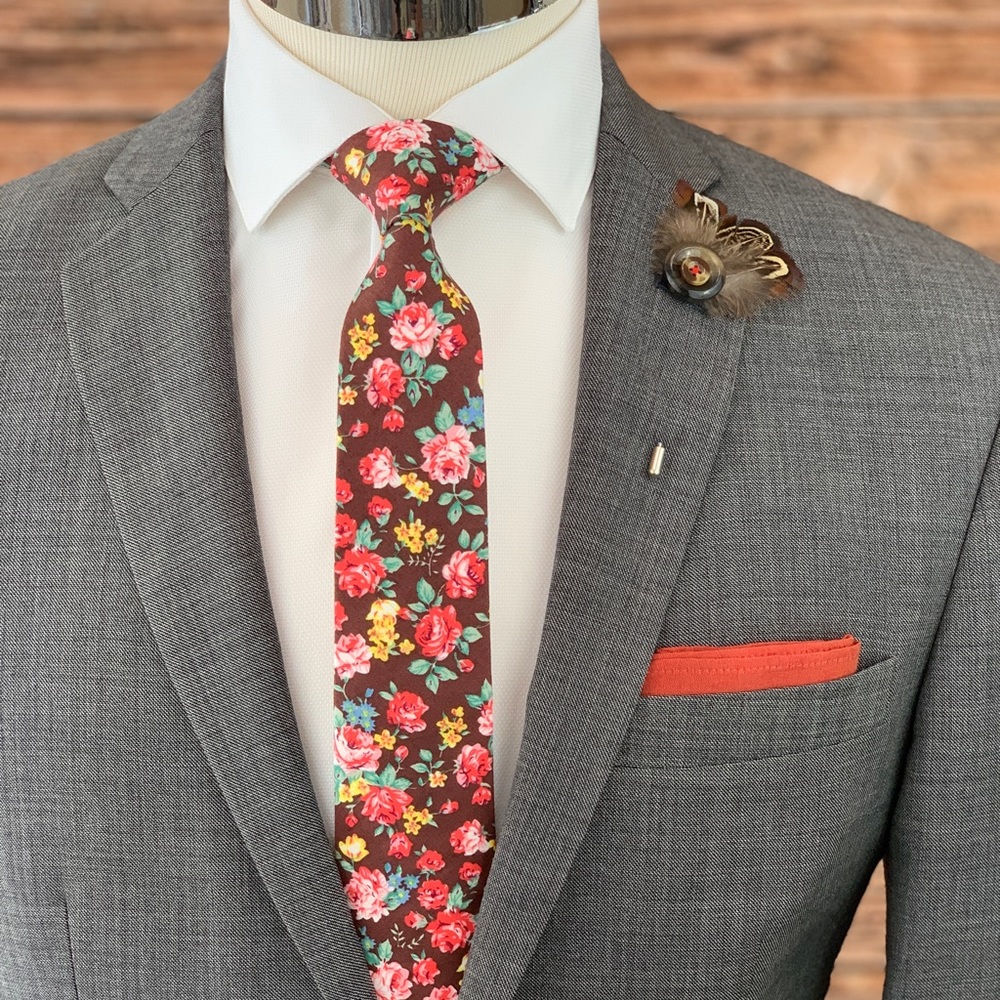 Men’s Brown Bohemian Floral Slim Necktie - Picture 2 of 4